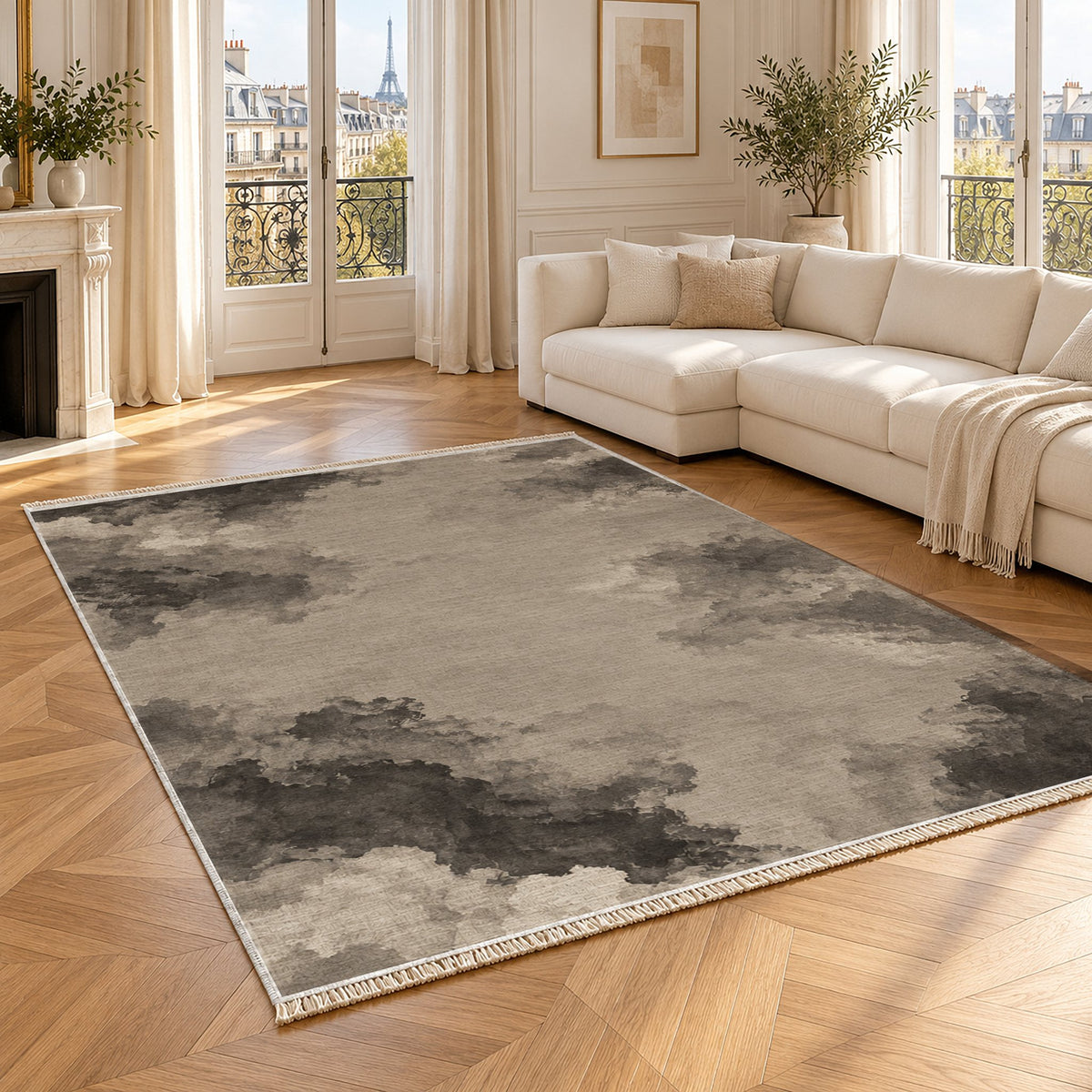 Cloud Wash Greige & Charcoal washable rug angled room view