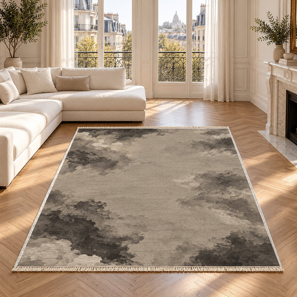 Cloud Wash Greige & Charcoal washable rug in a Paris living room