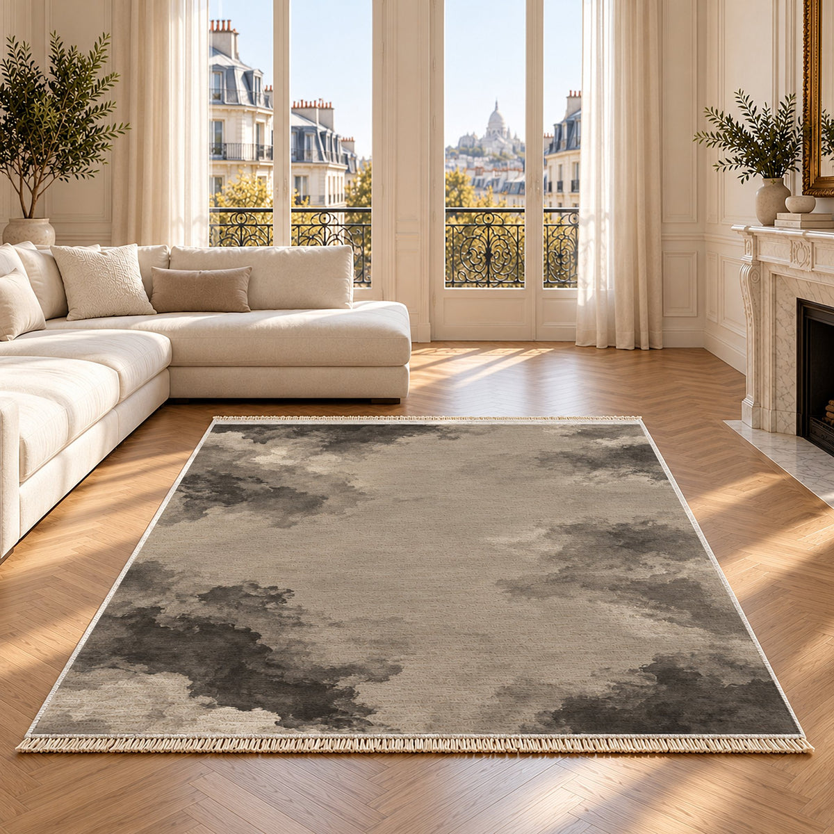 Cloud Wash Greige & Charcoal washable rug on an oak floor