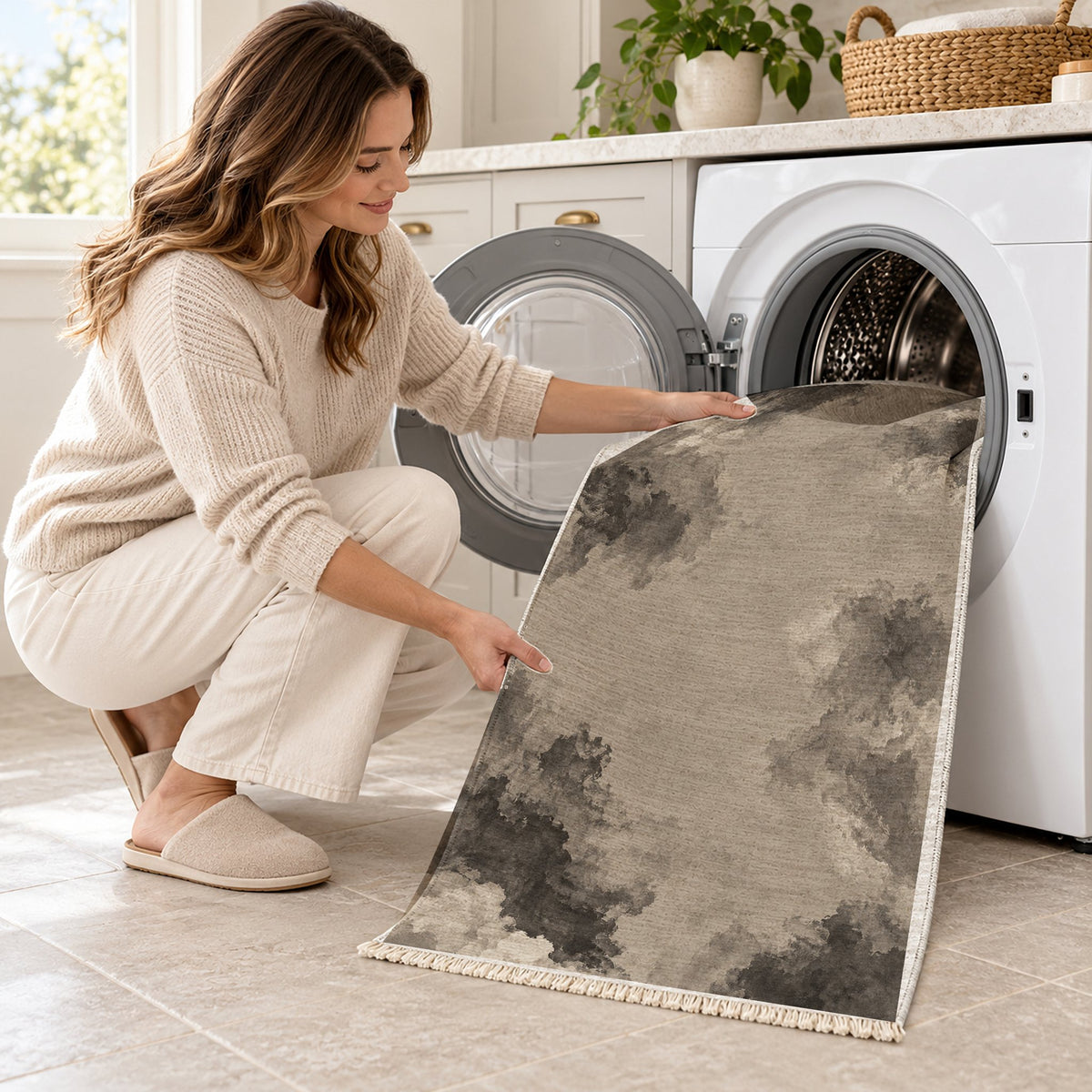 Cloud Wash Greige & Charcoal washable rug being loaded into a washing machine