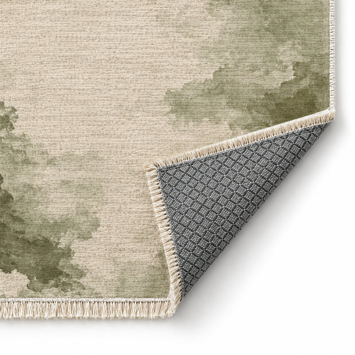 Cloud Wash Ivory & Sage washable rug folded corner showing the backing