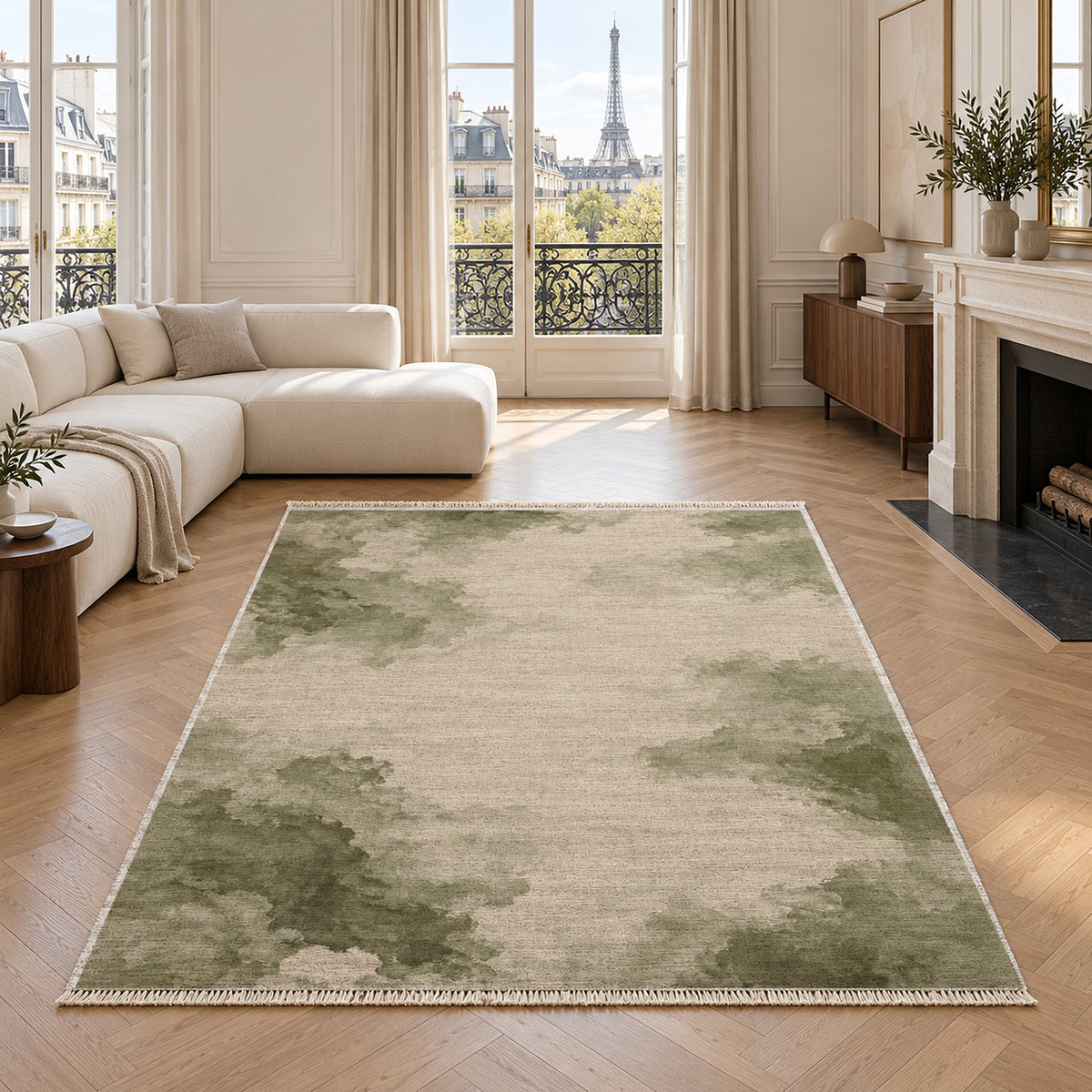 Cloud Wash Ivory & Sage washable rug in a living room with an Eiffel Tower view