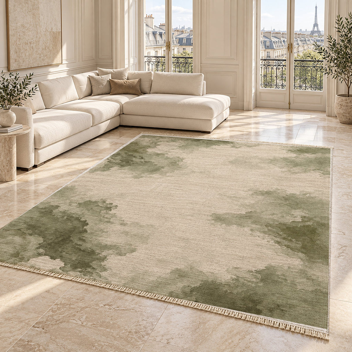 Cloud Wash Ivory & Sage washable rug angled room view on marble