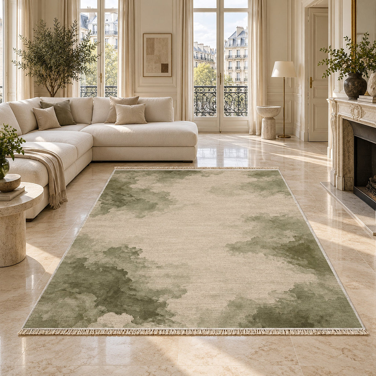 Cloud Wash Ivory & Sage washable rug on a marble floor