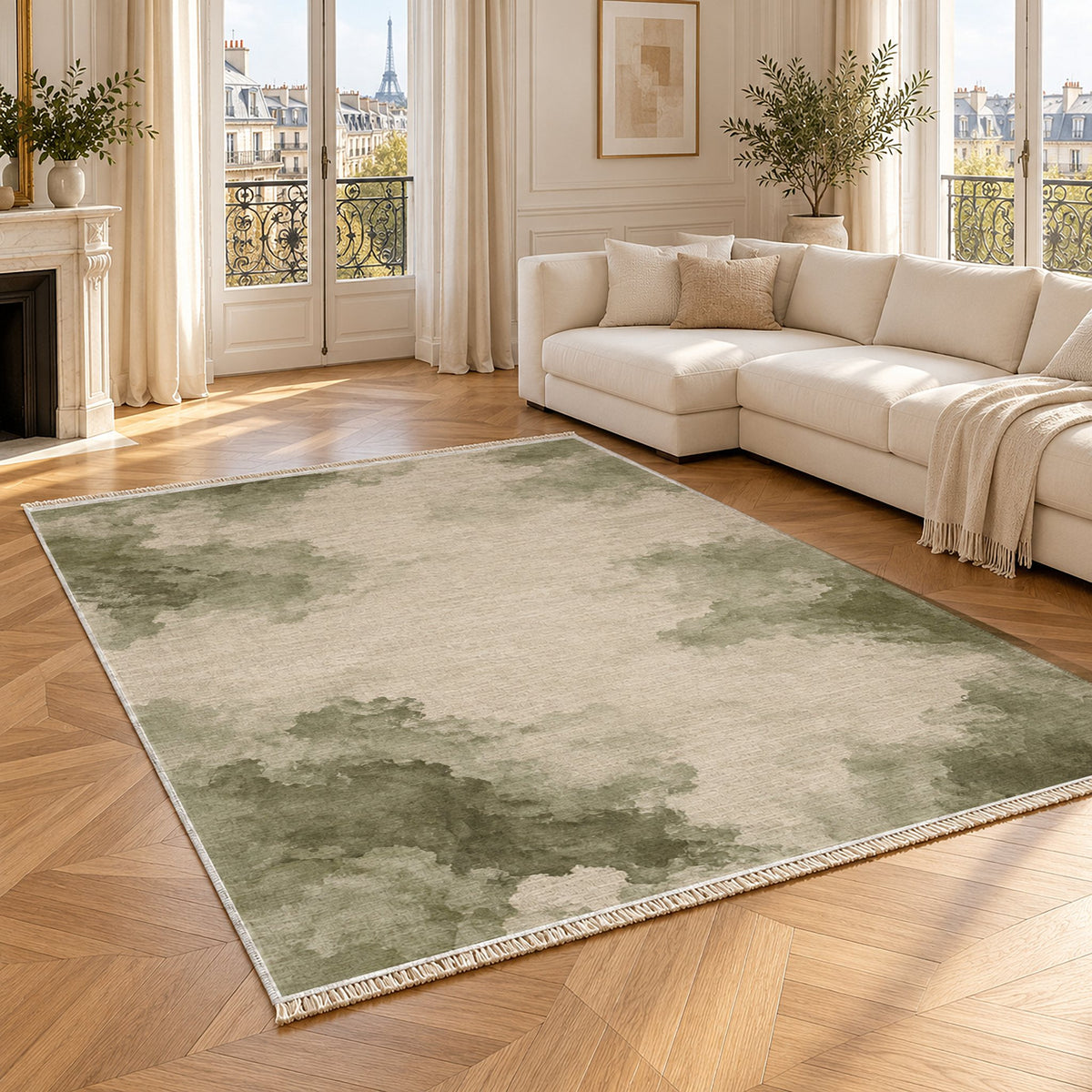 Cloud Wash Ivory & Sage washable rug angled room view