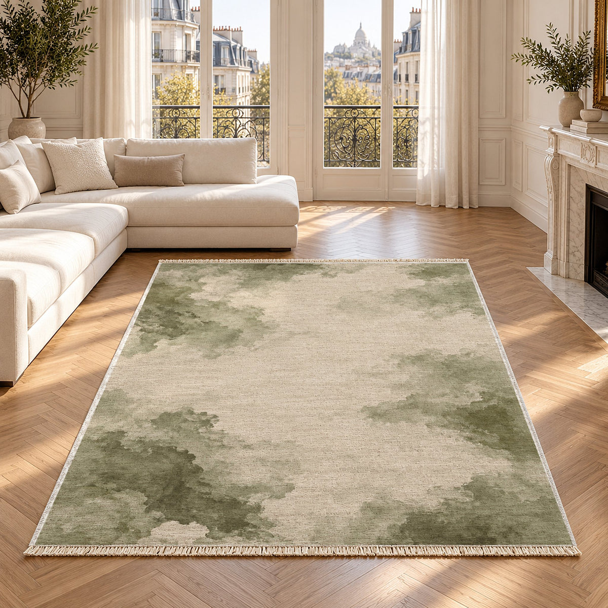 Cloud Wash Ivory & Sage washable rug in a Paris living room