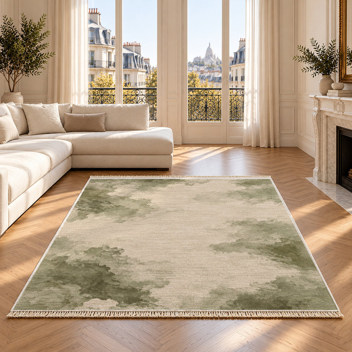 Cloud Wash Ivory & Sage washable rug on an oak floor