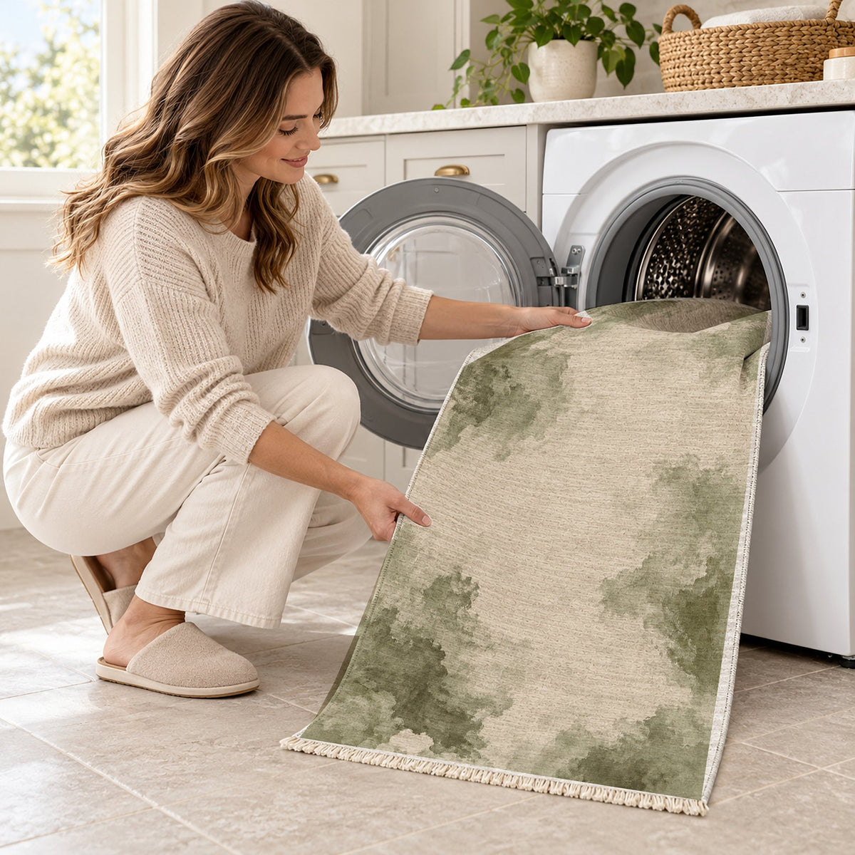 Cloud Wash Ivory & Sage washable rug being loaded into a washing machine
