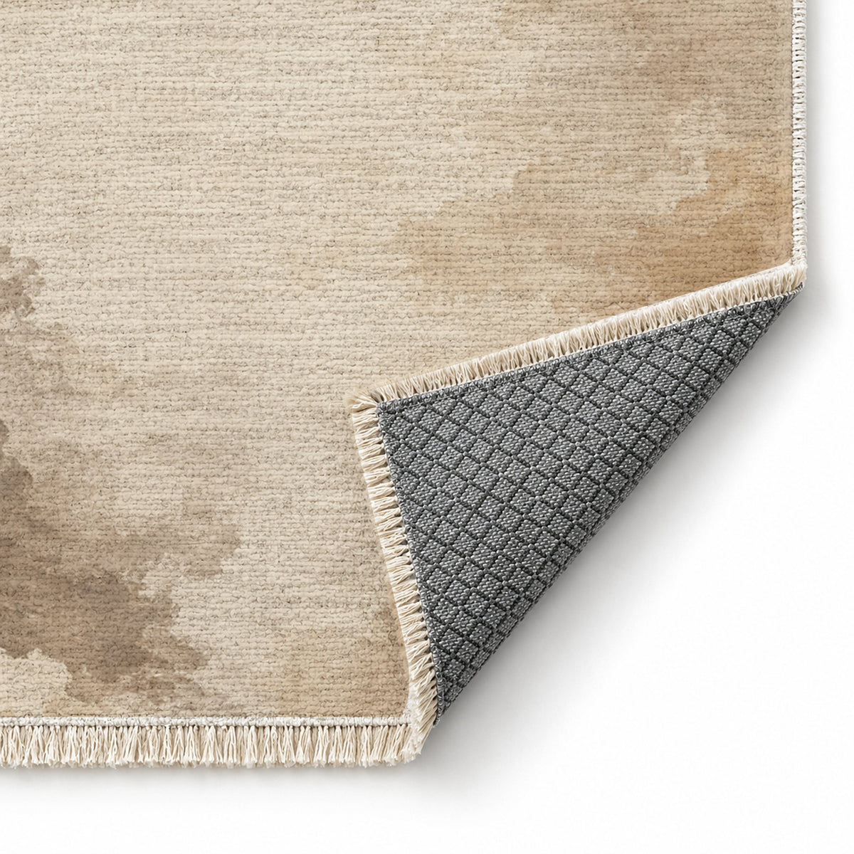 Cloud Wash Ivory & Taupe washable rug folded corner showing the backing