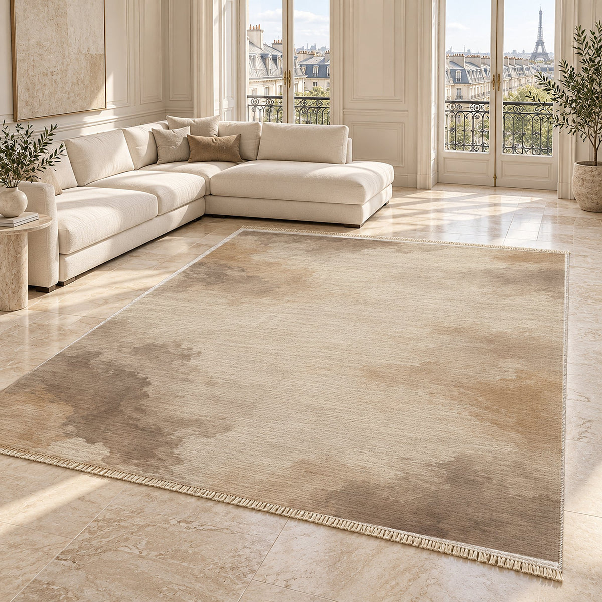 Cloud Wash Ivory & Taupe washable rug angled room view on marble