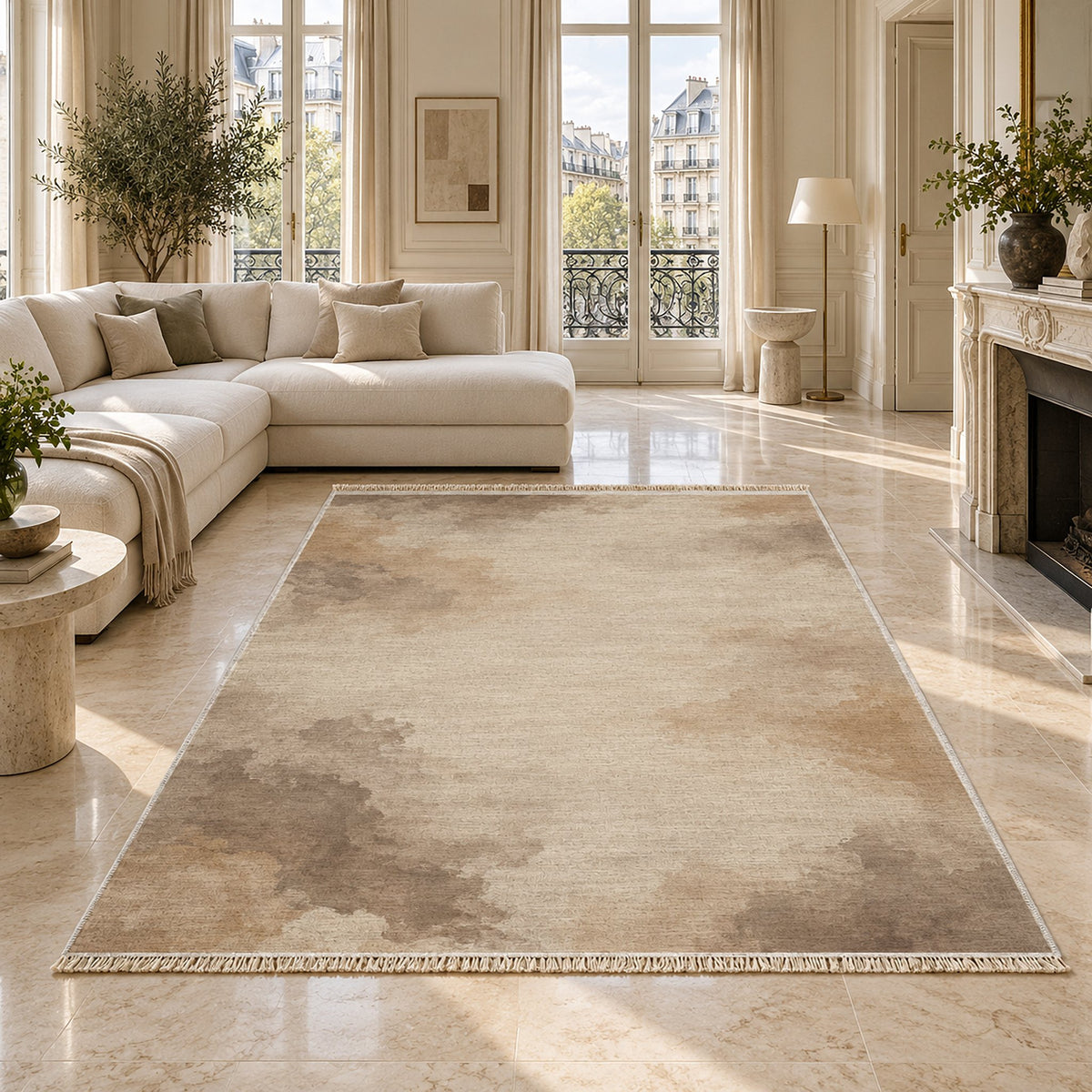 Cloud Wash Ivory & Taupe washable rug on a marble floor