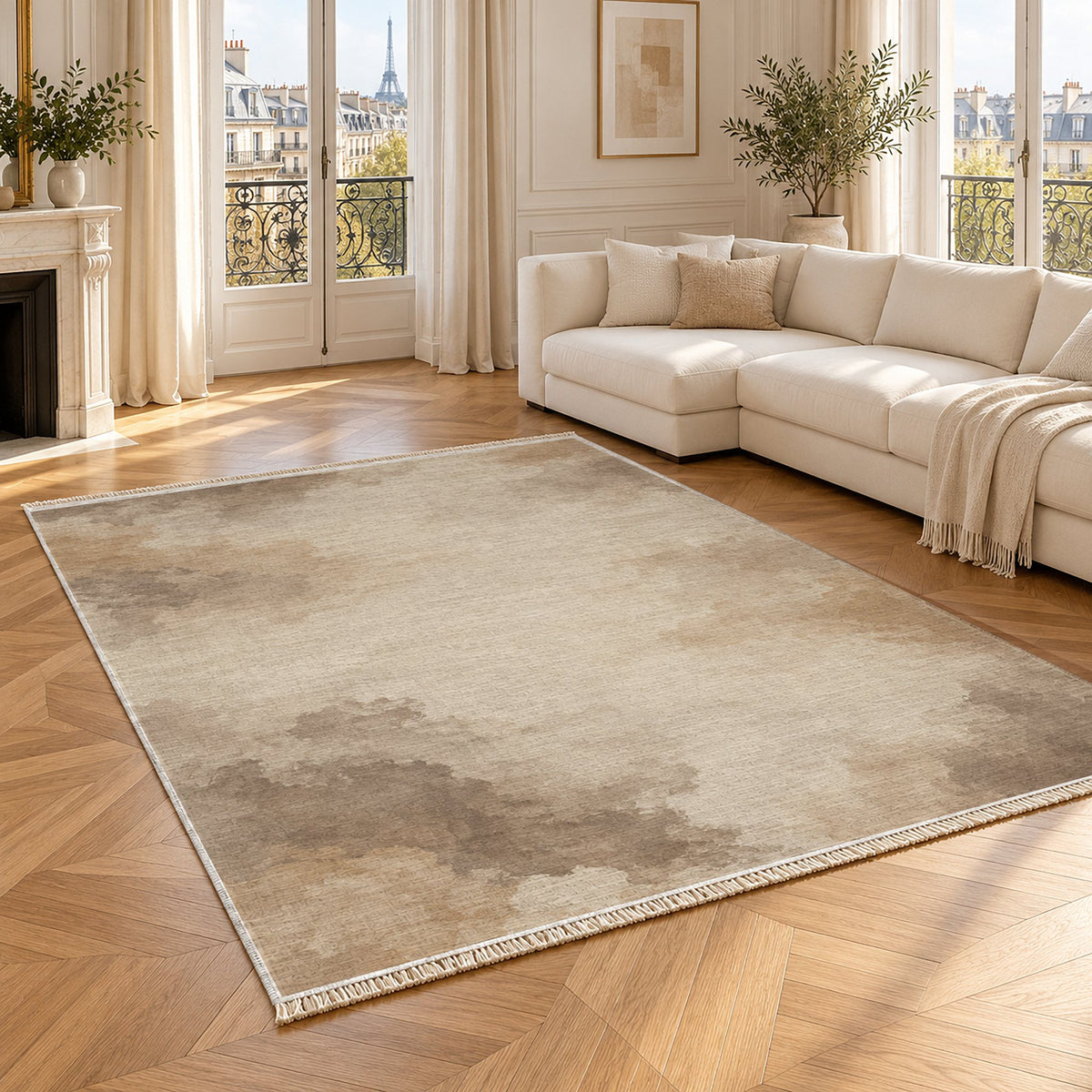 Cloud Wash Ivory & Taupe washable rug angled room view