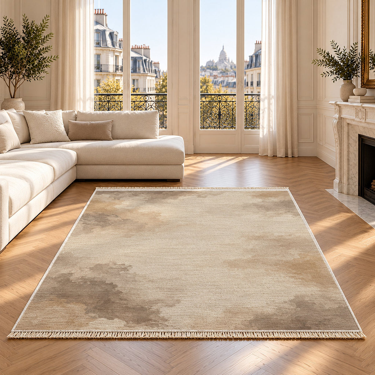 Cloud Wash Ivory & Taupe washable rug on an oak floor
