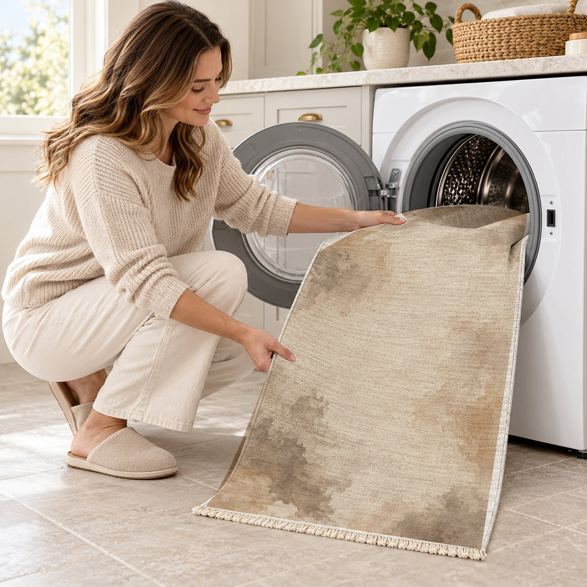 Cloud Wash Ivory & Taupe washable rug being loaded into a washing machine