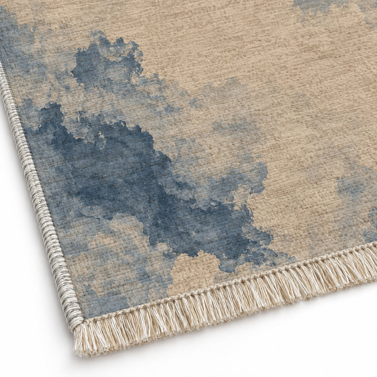 Cloud Wash Oat & Dusty Blue washable rug close-up of the printed chenille