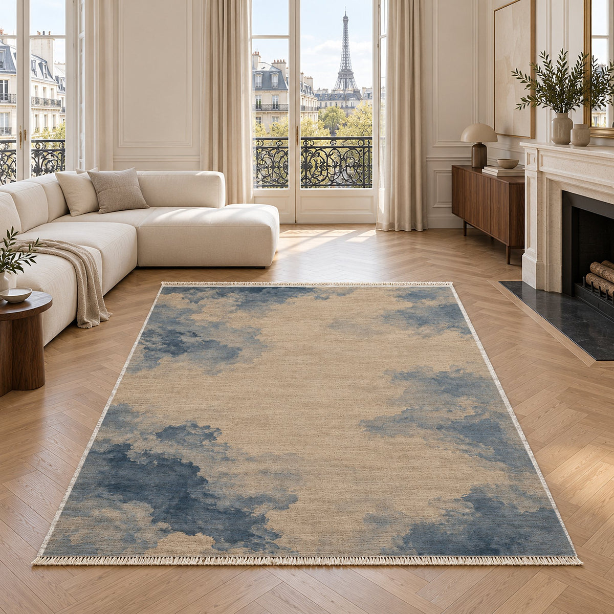 Cloud Wash Oat & Dusty Blue washable rug in a living room with an Eiffel Tower view