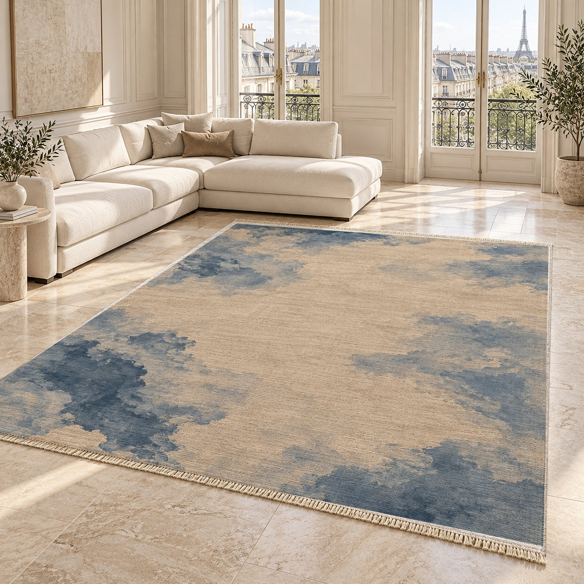 Cloud Wash Oat & Dusty Blue washable rug angled room view on marble