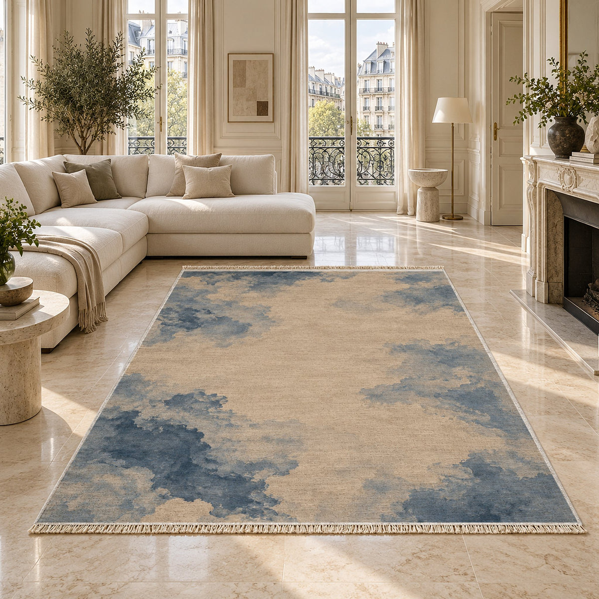 Cloud Wash Oat & Dusty Blue washable rug on a marble floor