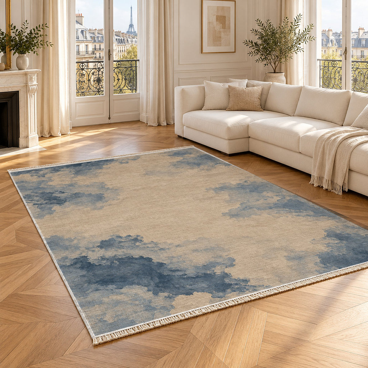 Cloud Wash Oat & Dusty Blue washable rug angled room view