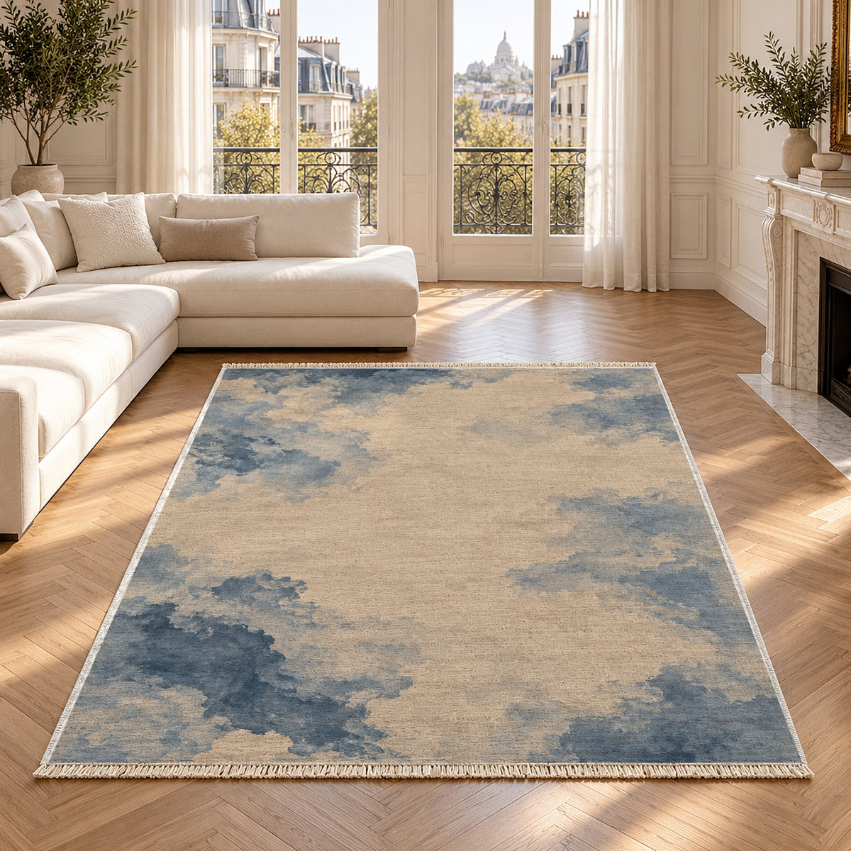 Cloud Wash Oat & Dusty Blue washable rug in a Paris living room