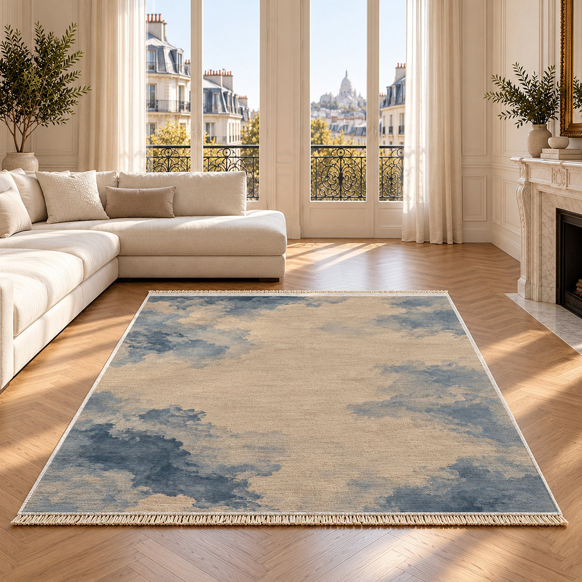 Cloud Wash Oat & Dusty Blue washable rug on an oak floor