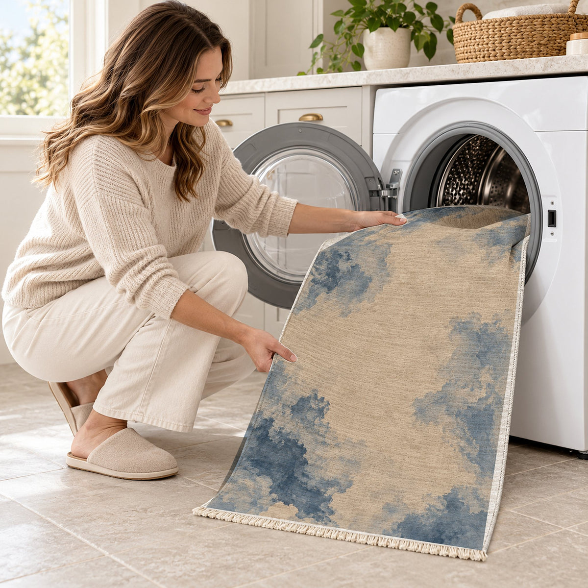 Cloud Wash Oat & Dusty Blue washable rug being loaded into a washing machine