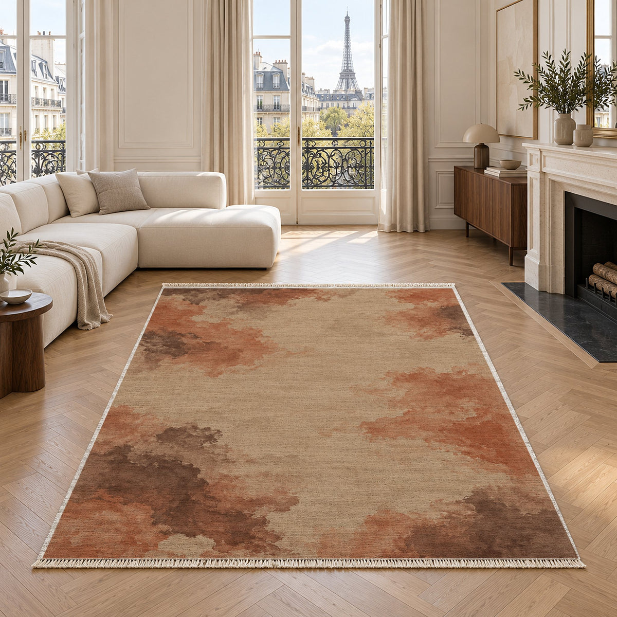 Cloud Wash Sand & Terracotta washable rug in a living room with an Eiffel Tower view