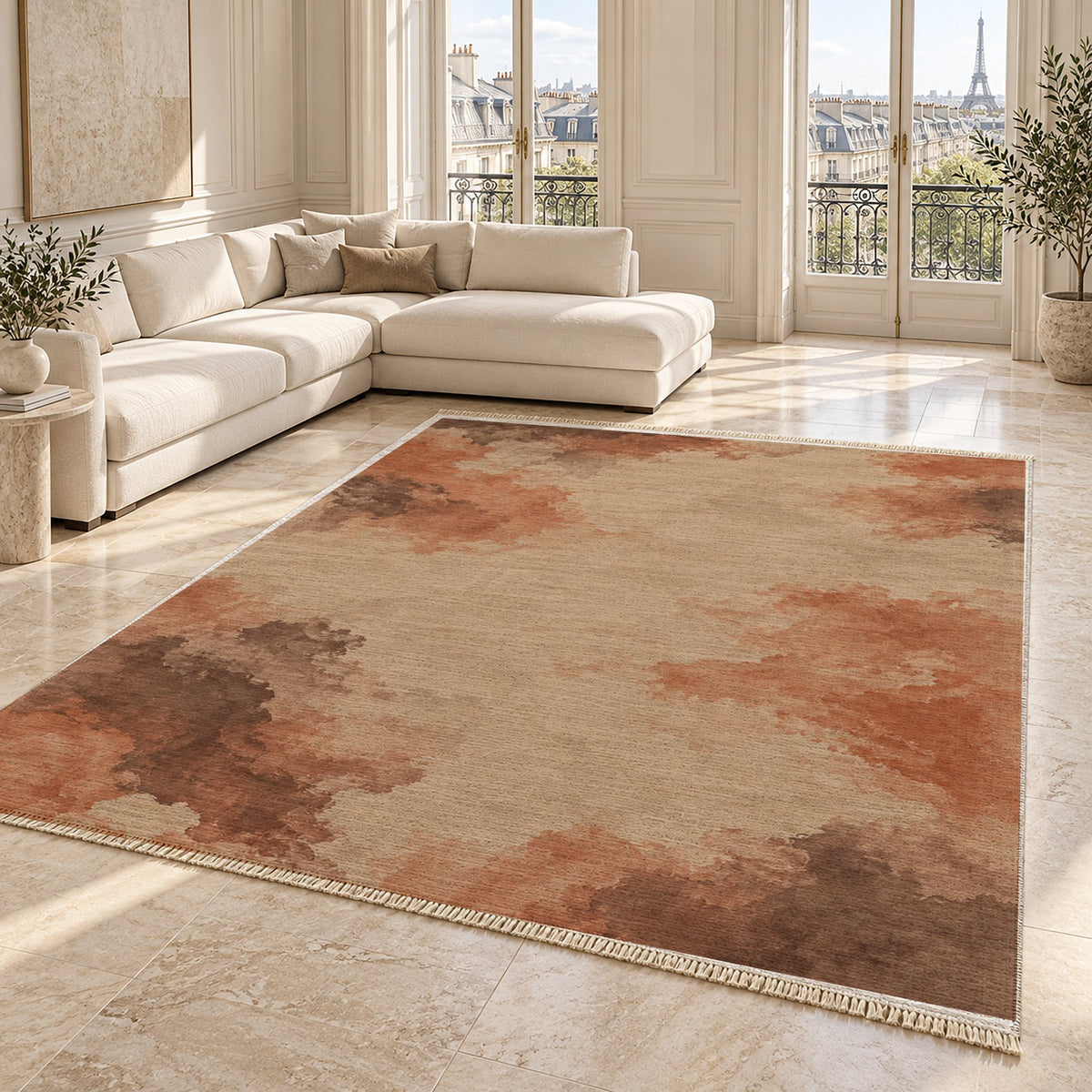 Cloud Wash Sand & Terracotta washable rug angled room view on marble
