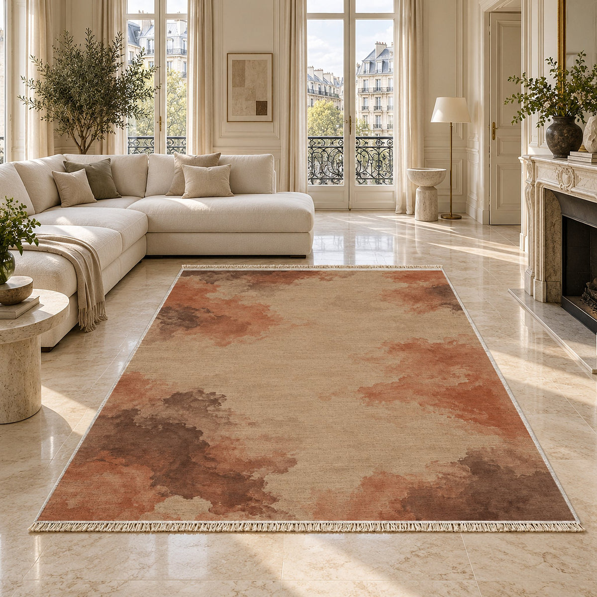 Cloud Wash Sand & Terracotta washable rug on a marble floor