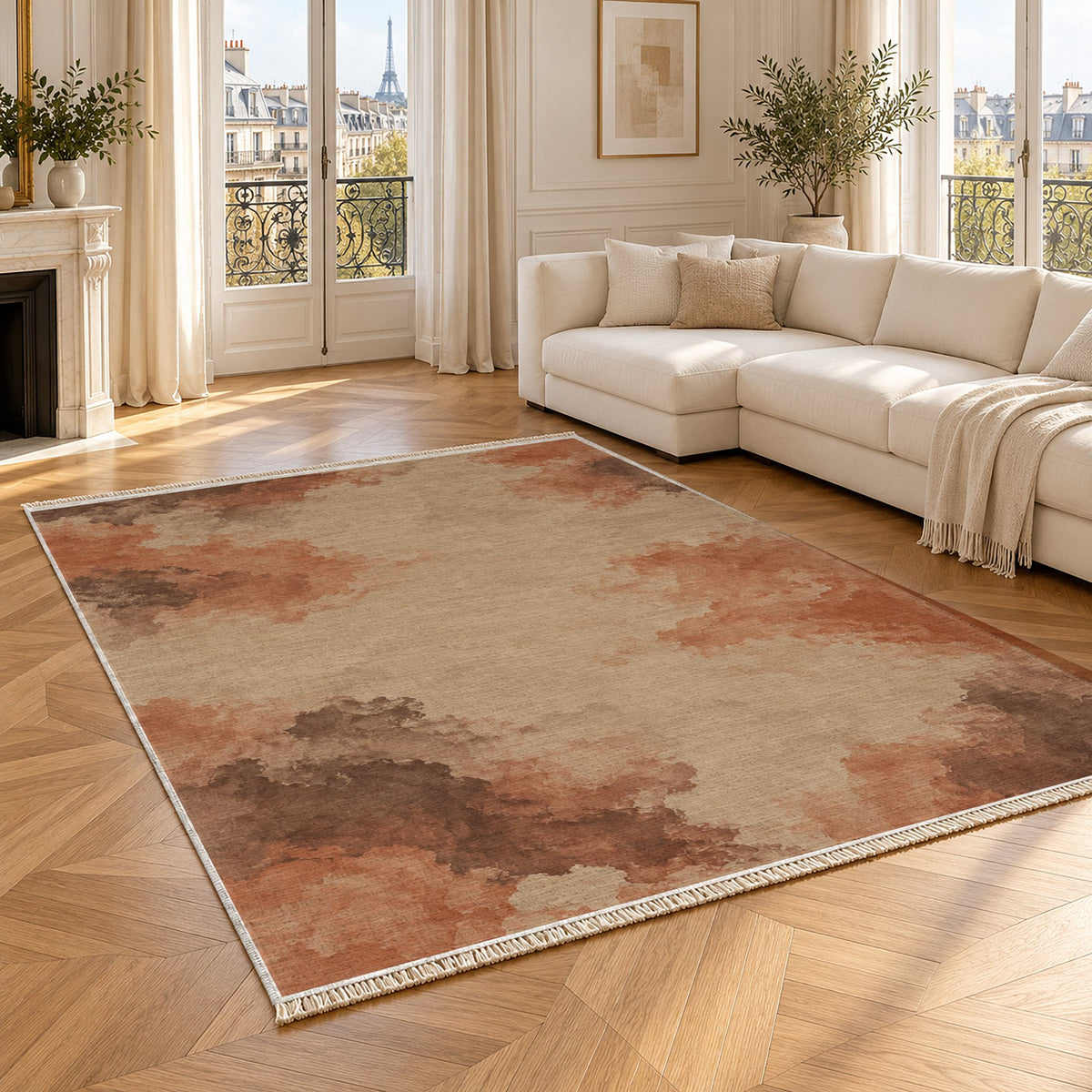 Cloud Wash Sand & Terracotta washable rug angled room view
