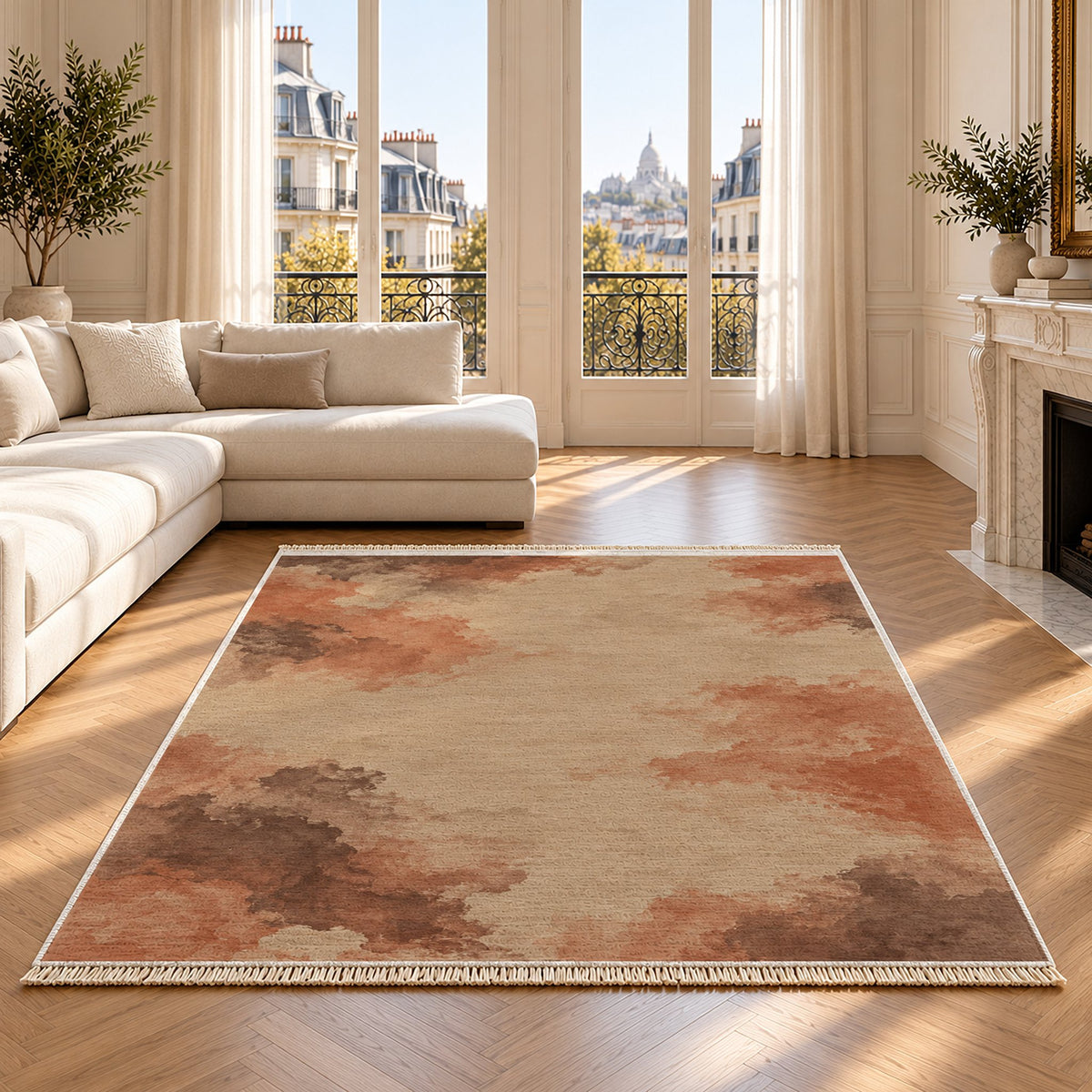 Cloud Wash Sand & Terracotta washable rug on an oak floor