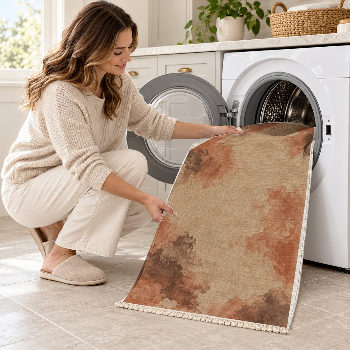 Cloud Wash Sand & Terracotta washable rug being loaded into a washing machine