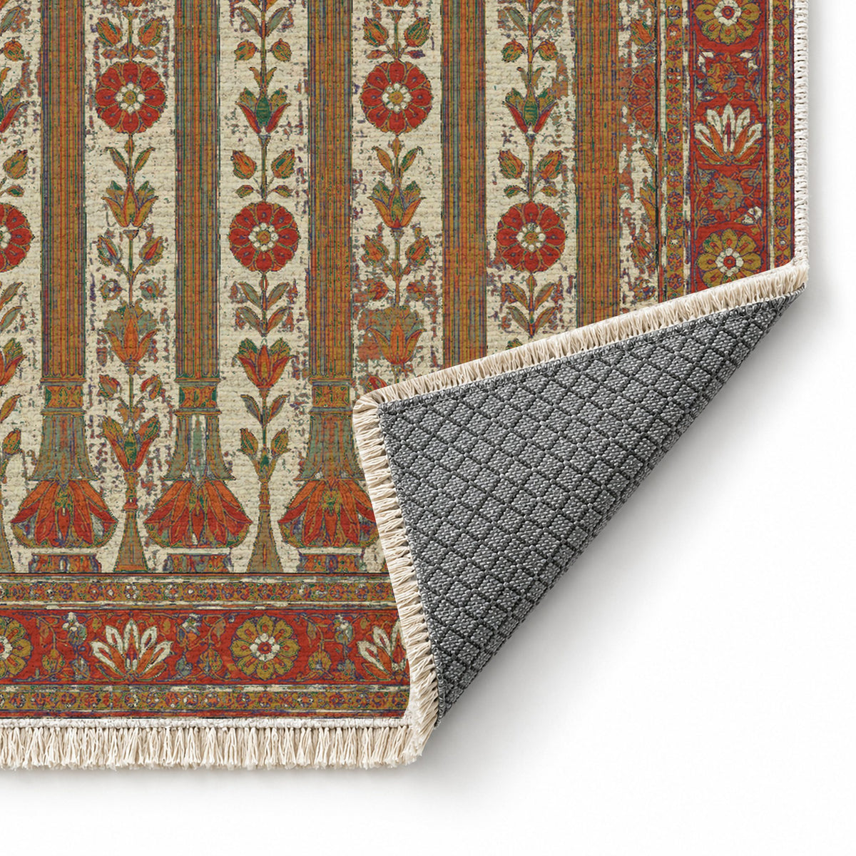 Column Rhythm Emerald & Terracotta washable rug folded corner showing the backing