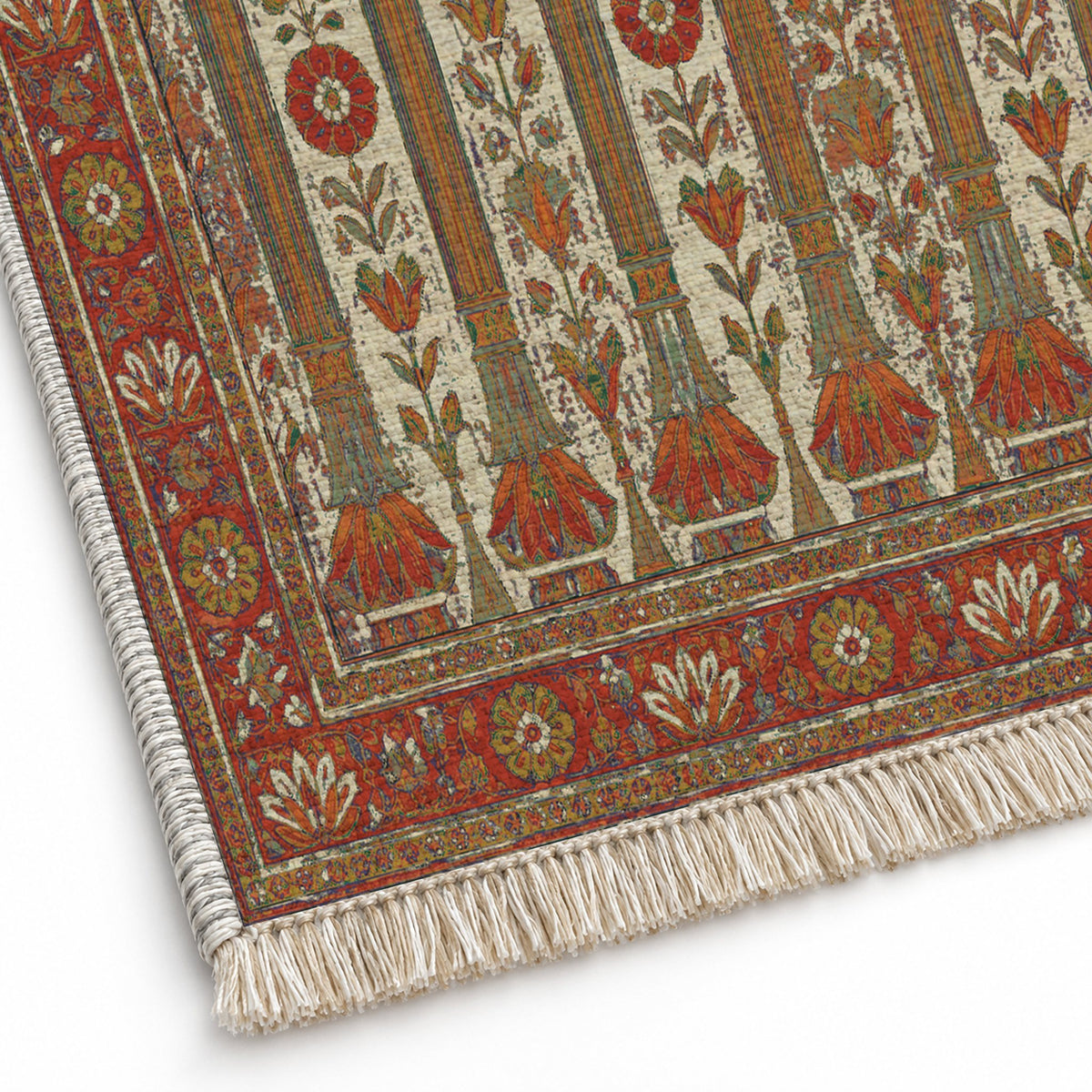 Column Rhythm Emerald & Terracotta washable rug close-up of the printed chenille