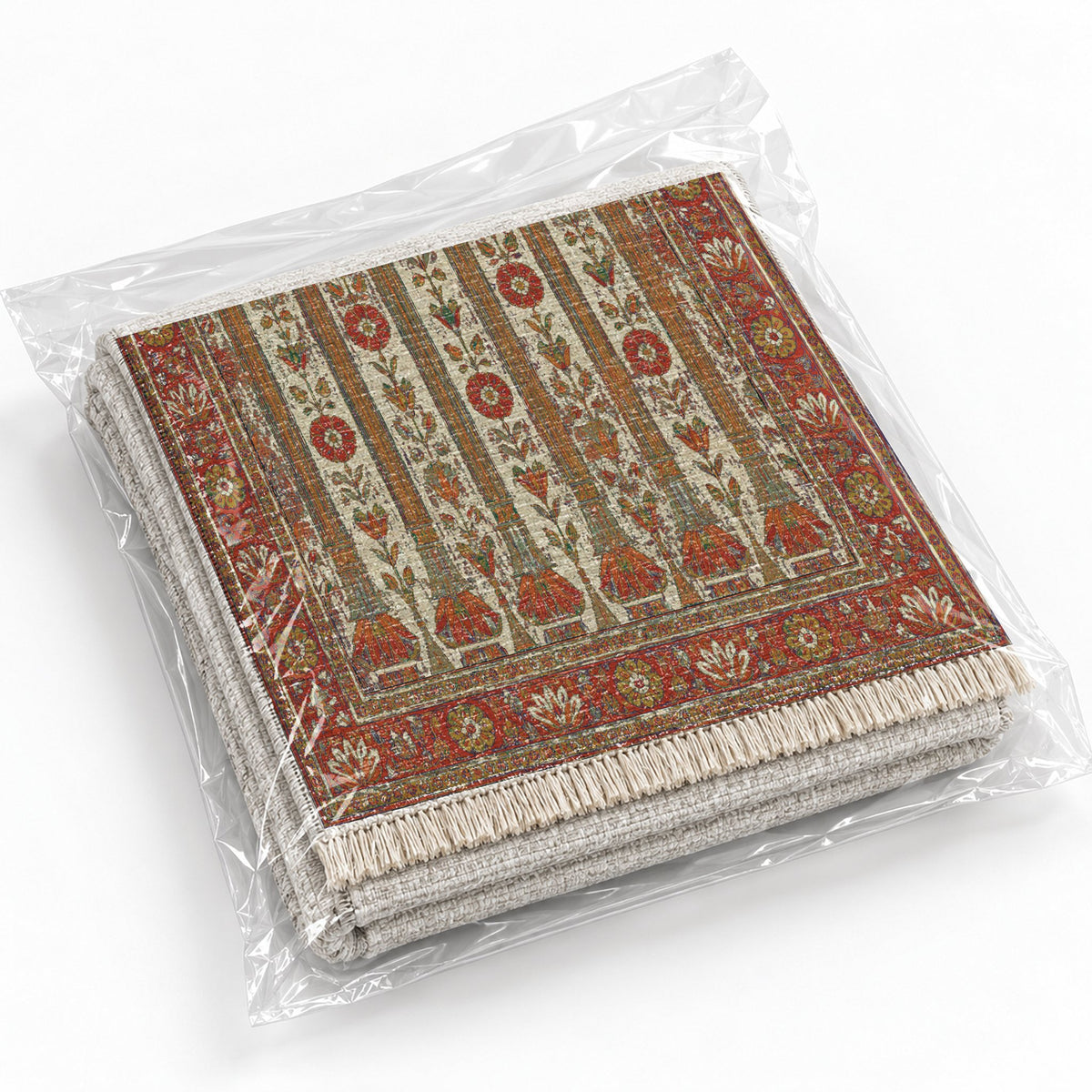 Column Rhythm Emerald & Terracotta washable rug rolled and packaged