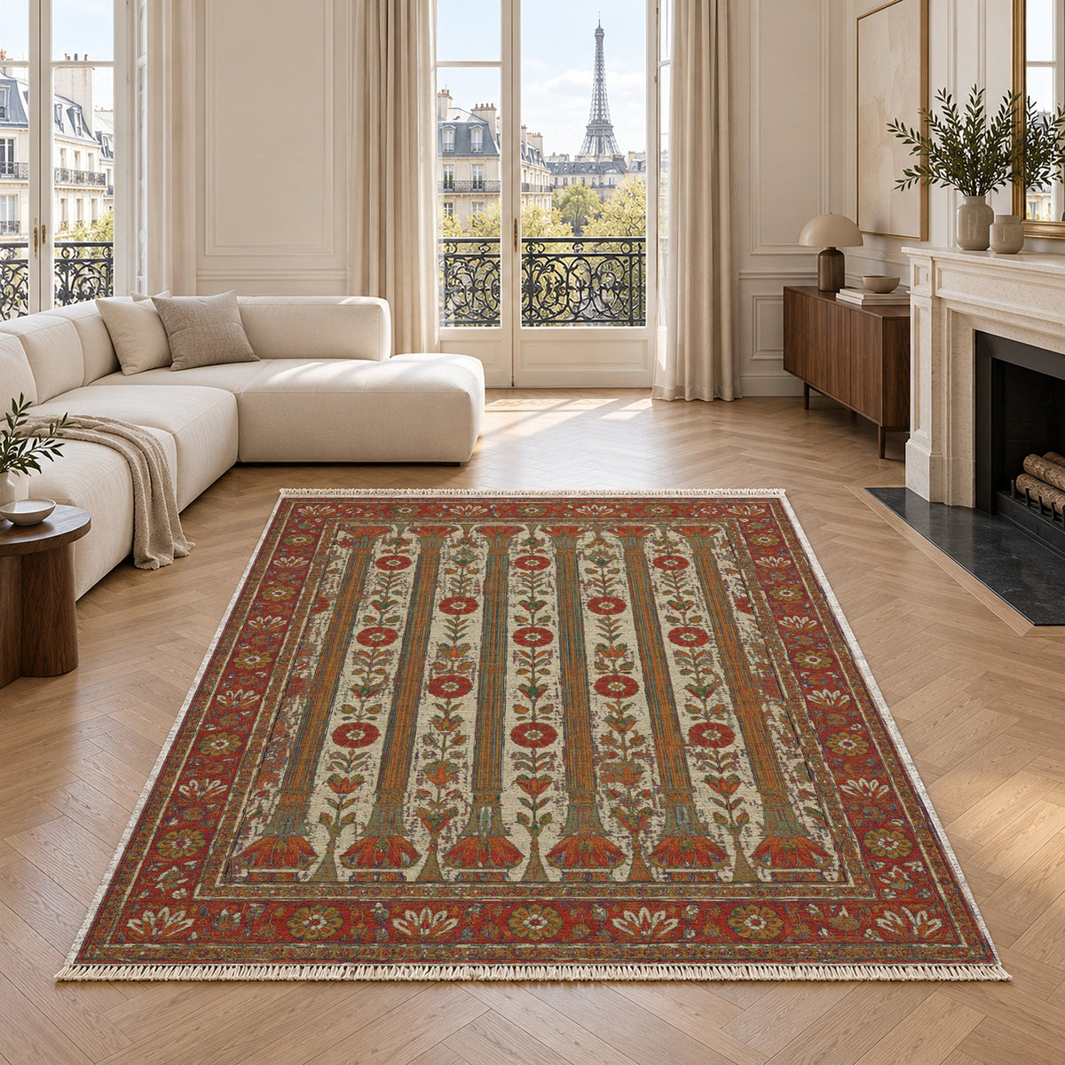 Column Rhythm Emerald & Terracotta washable rug in a living room with an Eiffel Tower view