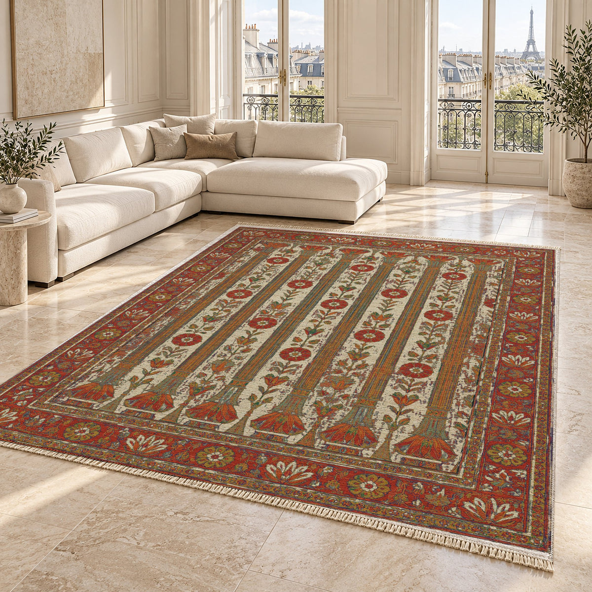 Column Rhythm Emerald & Terracotta washable rug angled room view on marble