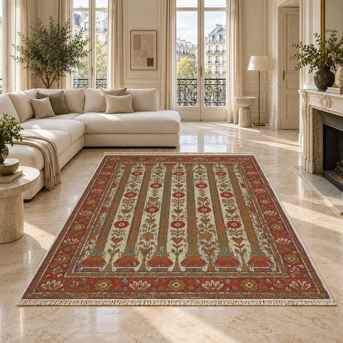 Column Rhythm Emerald & Terracotta washable rug on a marble floor