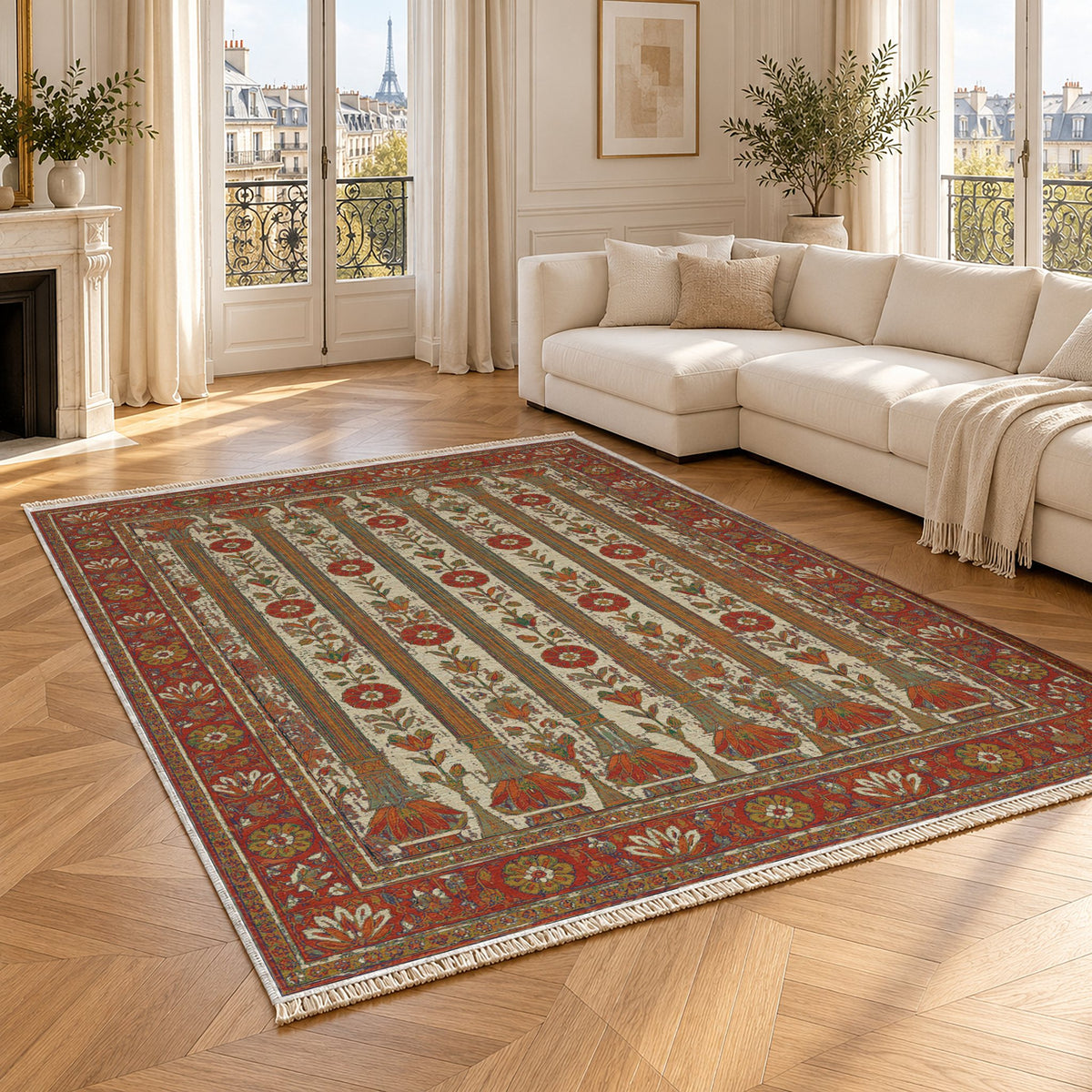 Column Rhythm Emerald & Terracotta washable rug angled room view