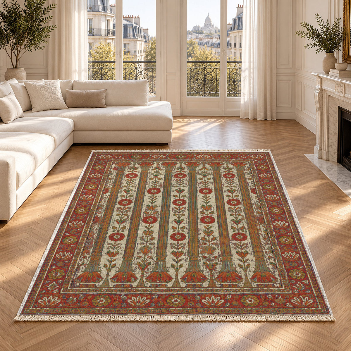 Column Rhythm Emerald & Terracotta washable rug in a Paris living room