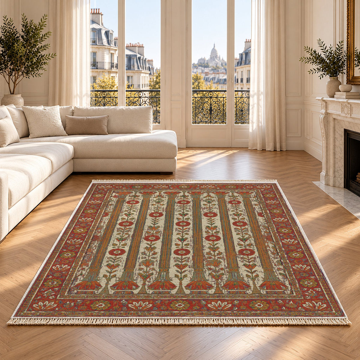 Column Rhythm Emerald & Terracotta washable rug on an oak floor