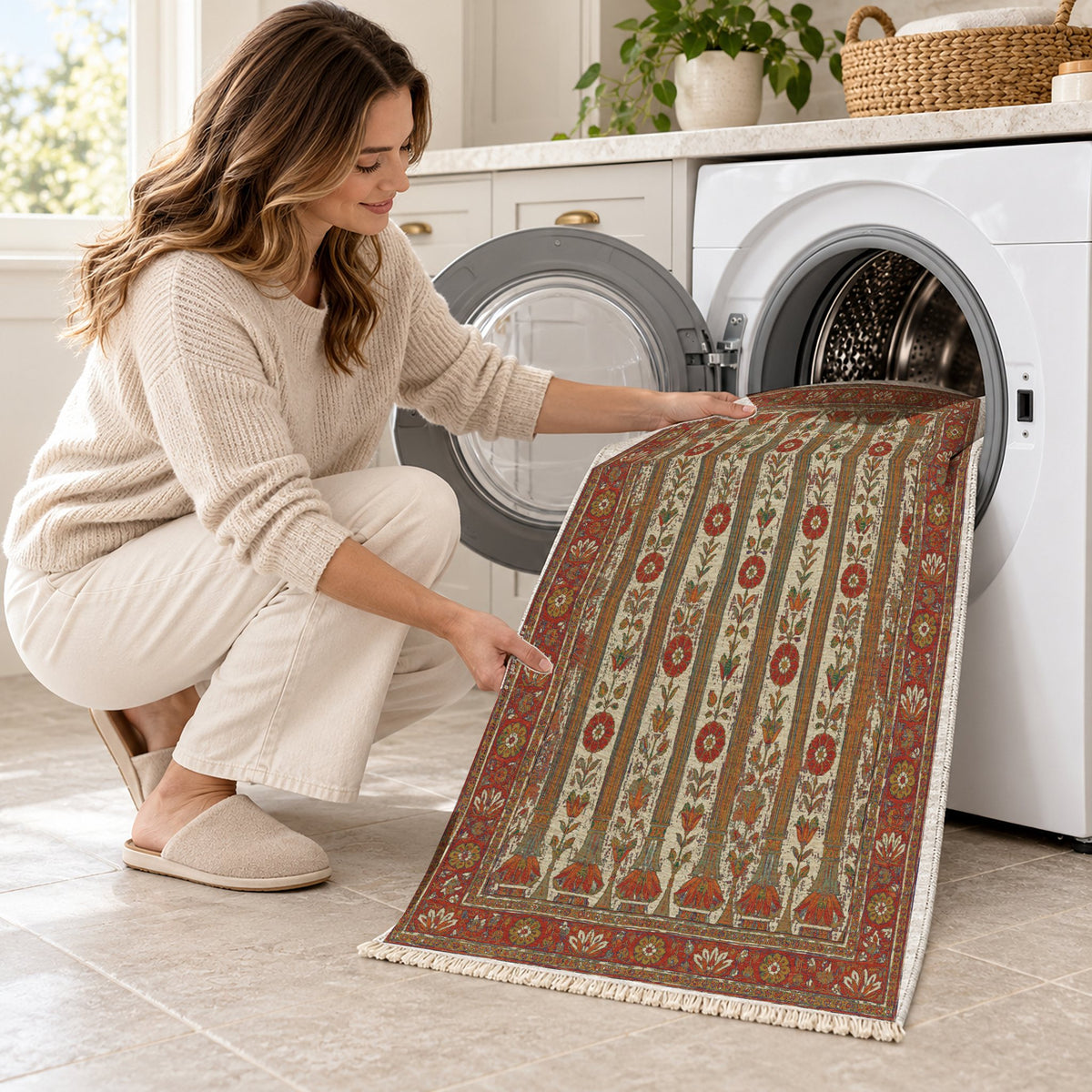 Column Rhythm Emerald & Terracotta washable rug being loaded into a washing machine