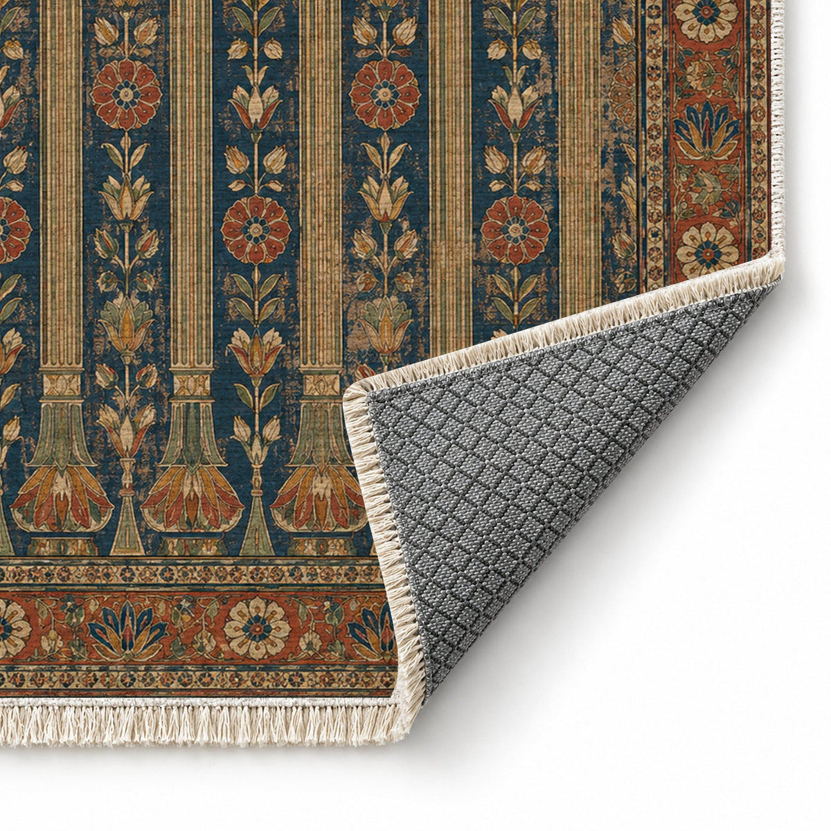 Column Rhythm Indigo & Rust washable rug folded corner showing the backing