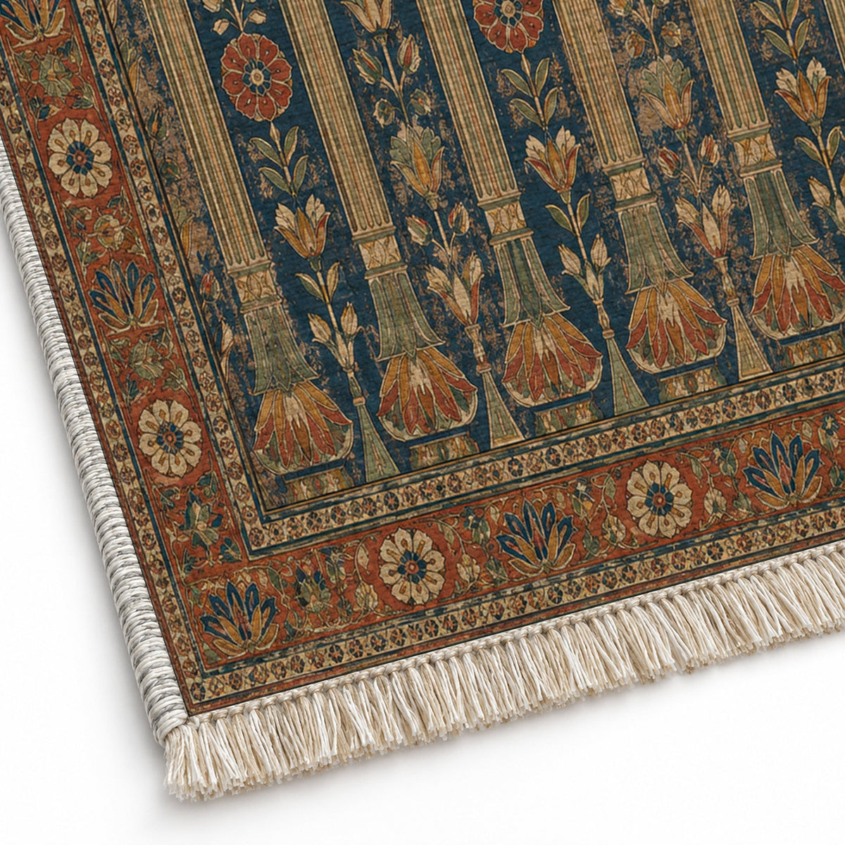 Column Rhythm Indigo & Rust washable rug close-up of the printed chenille