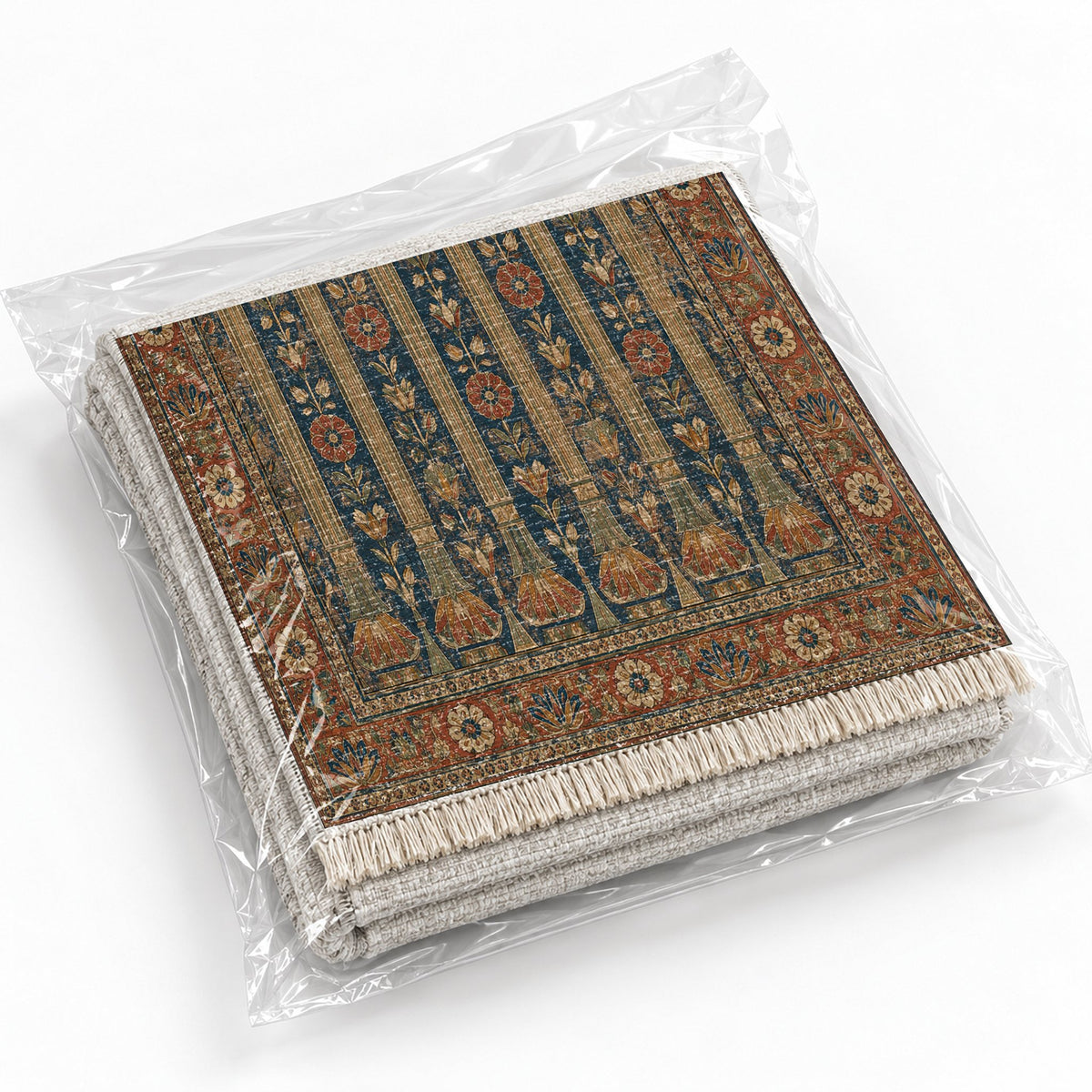 Column Rhythm Indigo & Rust washable rug rolled and packaged