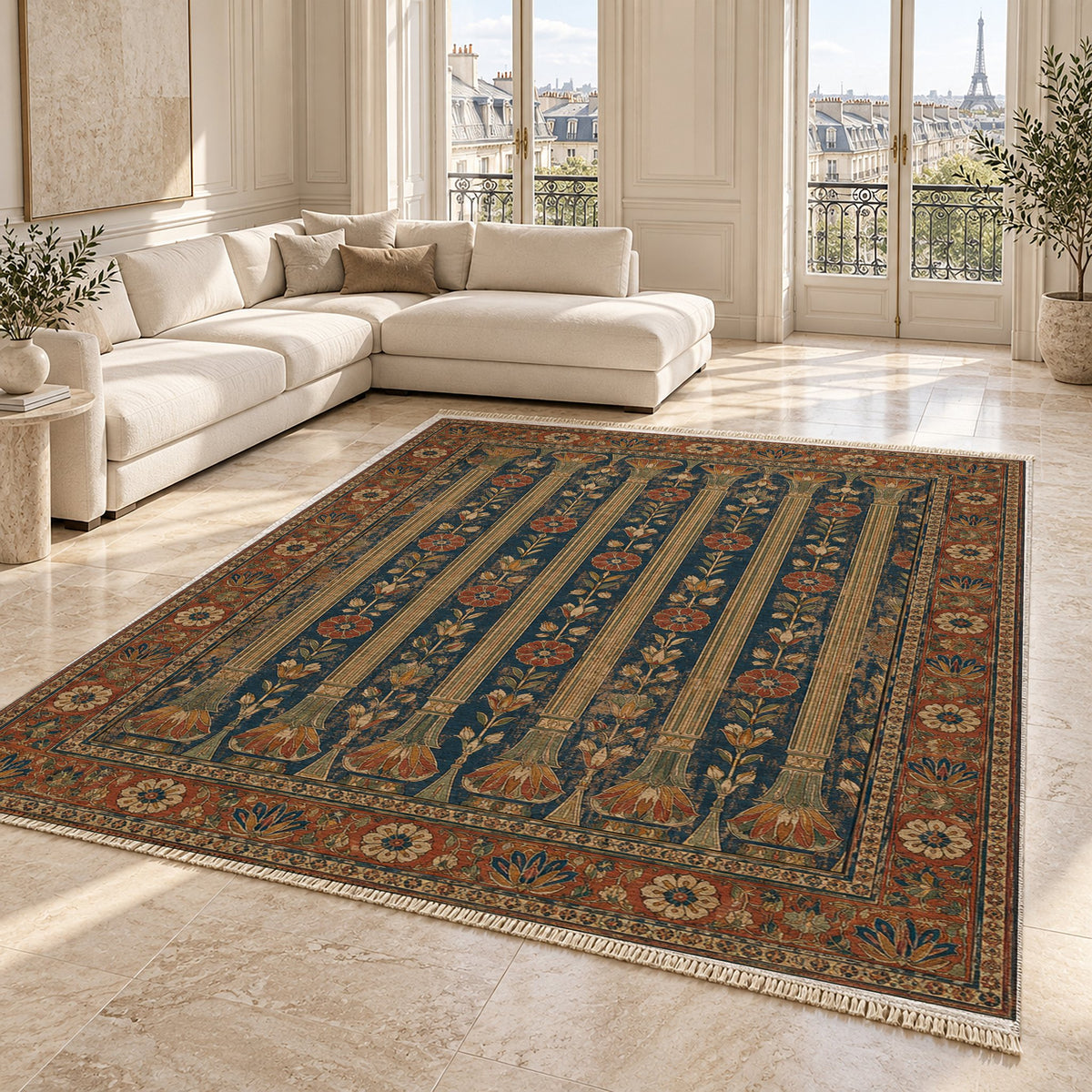 Column Rhythm Indigo & Rust washable rug angled room view on marble