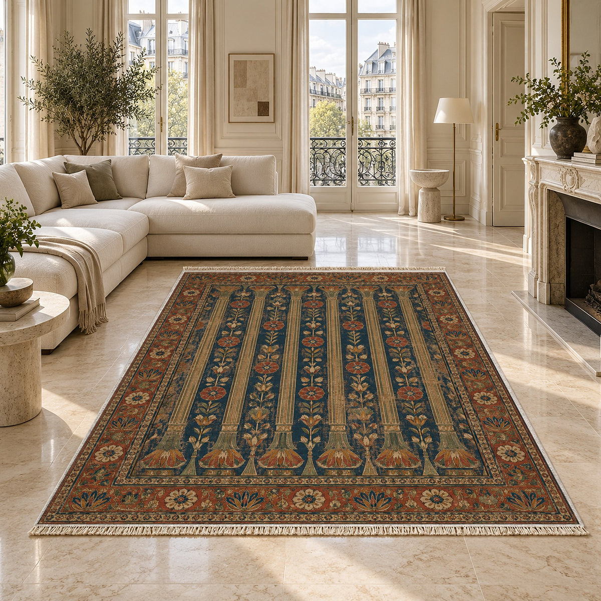 Column Rhythm Indigo & Rust washable rug on a marble floor
