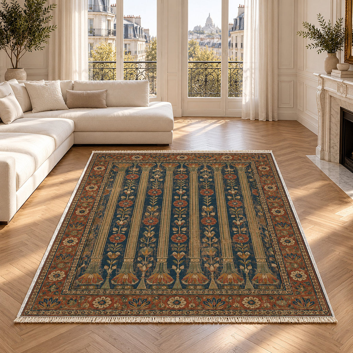 Column Rhythm Indigo & Rust washable rug in a Paris living room