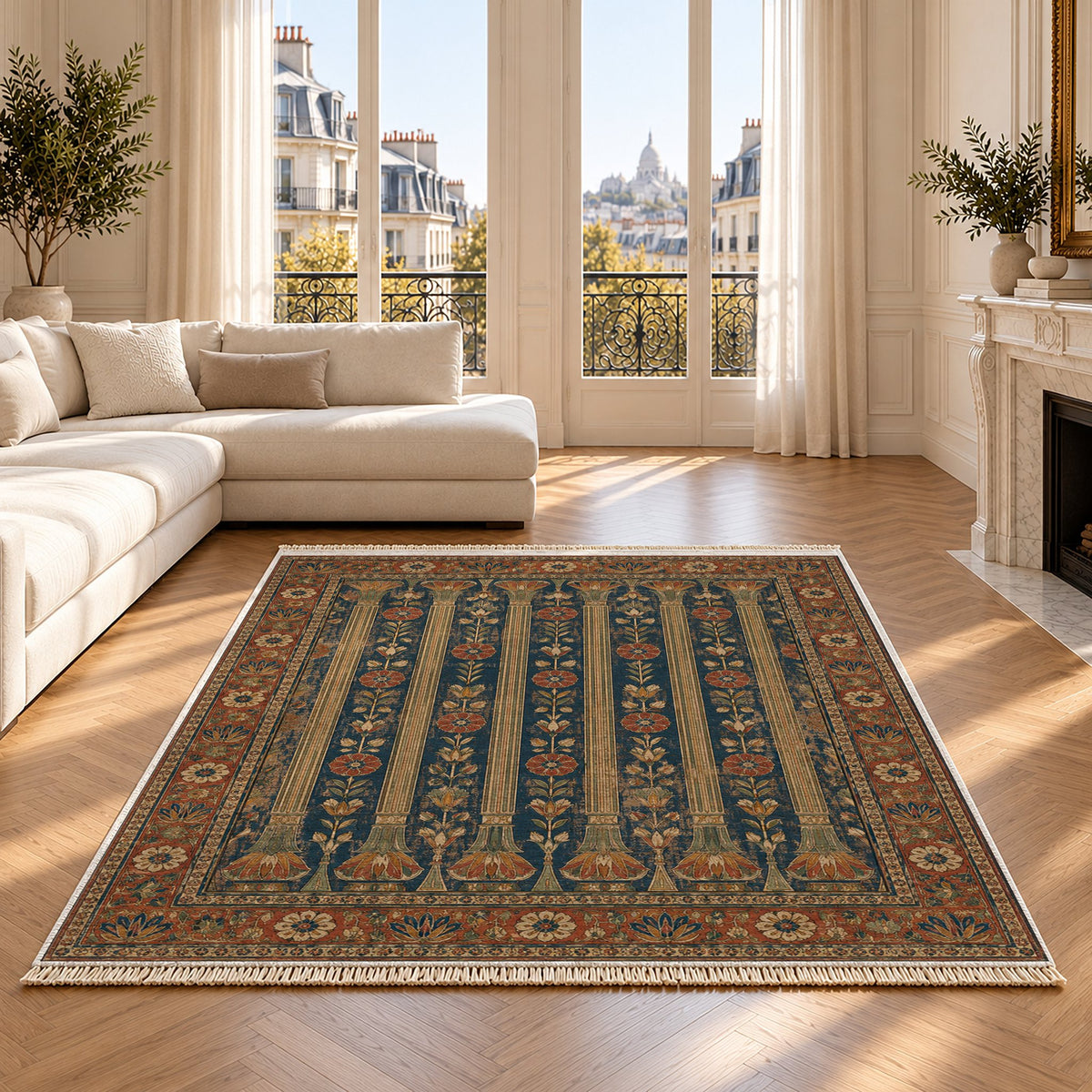 Column Rhythm Indigo & Rust washable rug on an oak floor