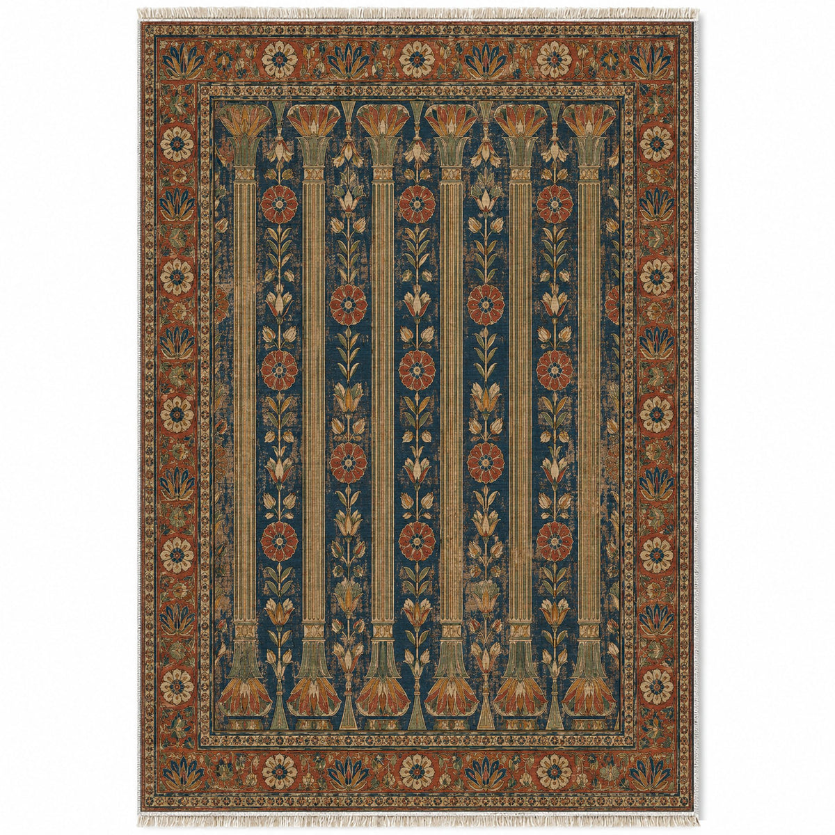 Column Rhythm Indigo & Rust washable rug top view
